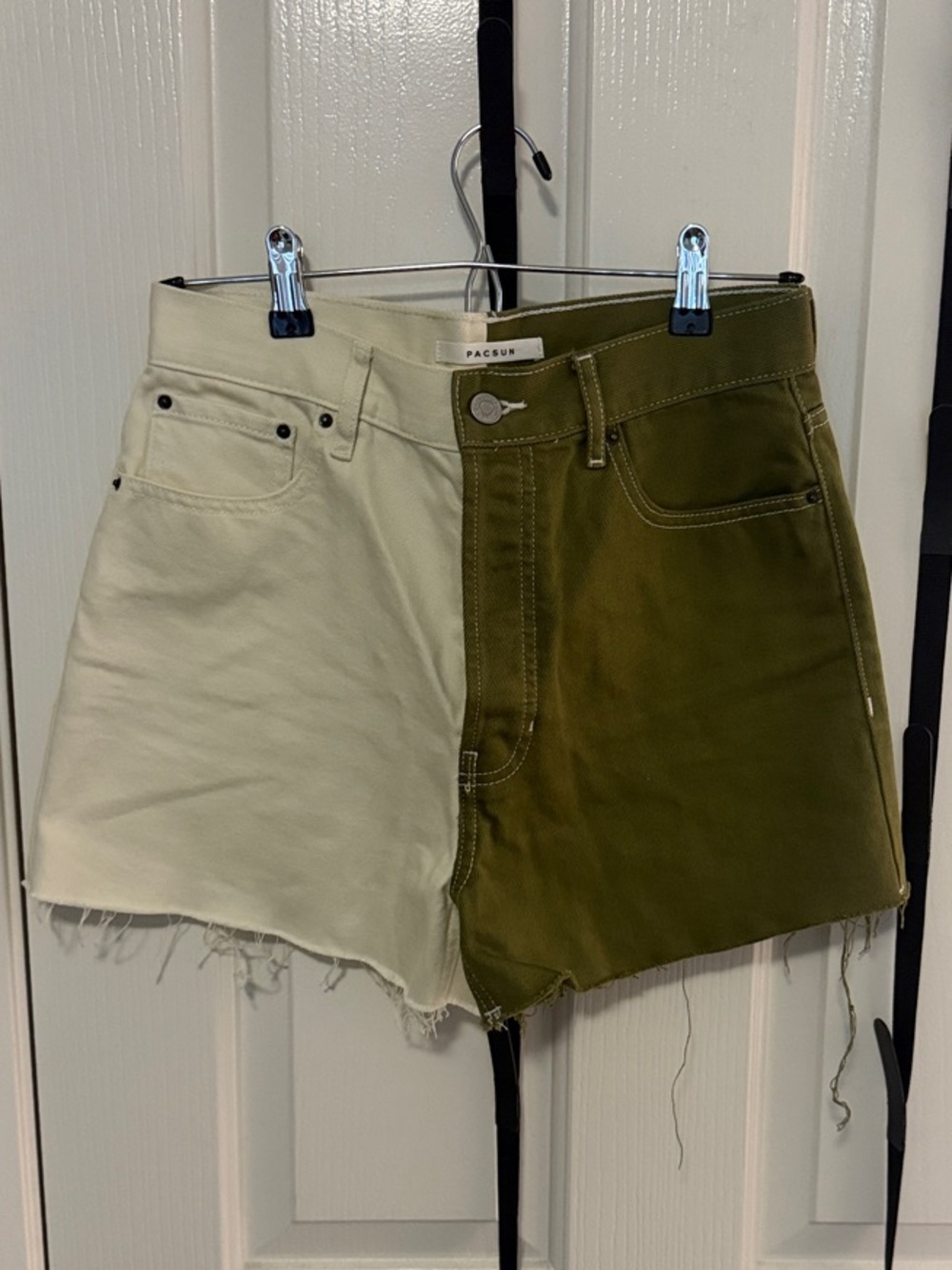 PacSun Two-Tone High-Rise Denim Shorts - Olive & Cream